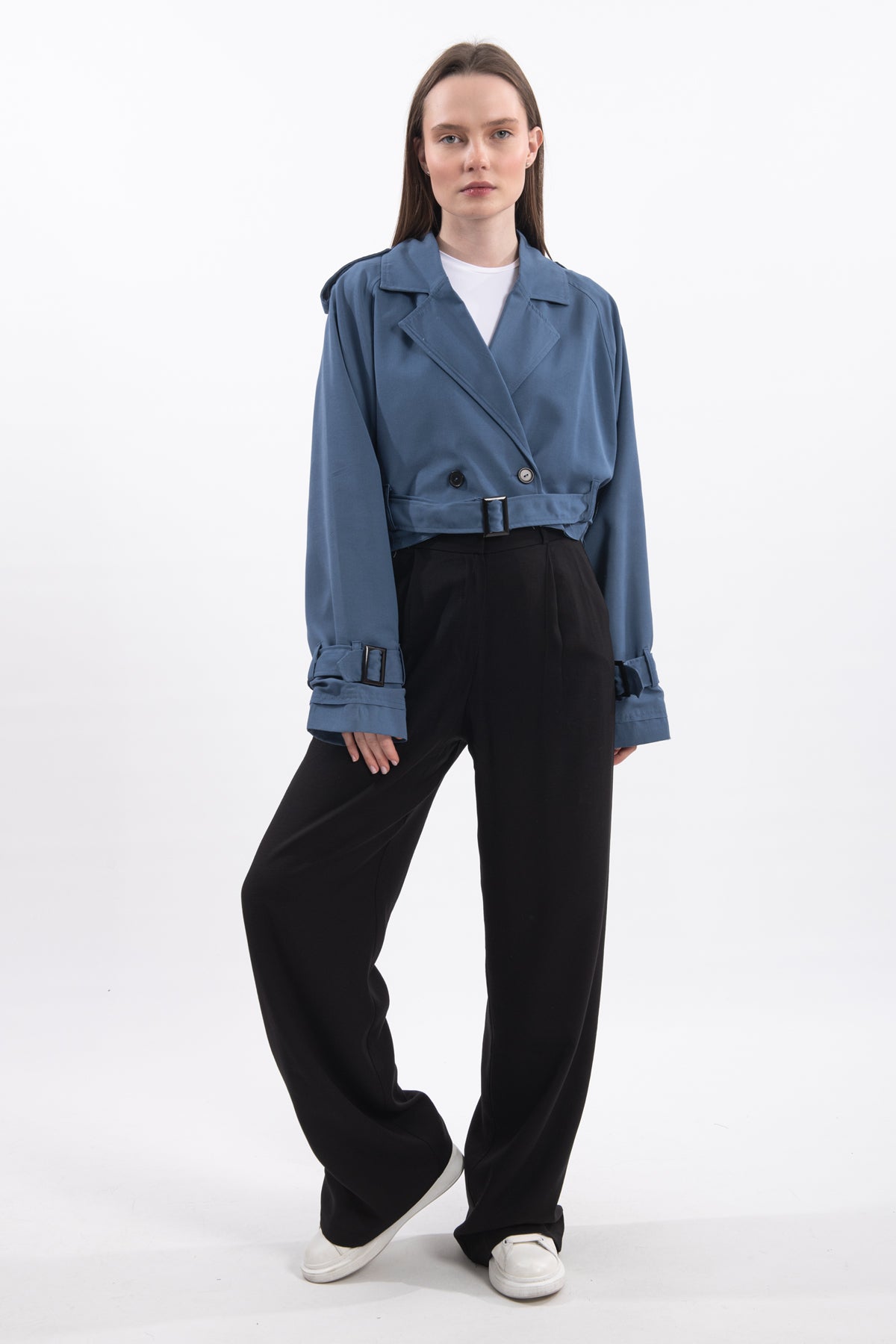 Oversize Kısa Kruvaze Kesim Kemerli Trençkot 7701 - Mavi