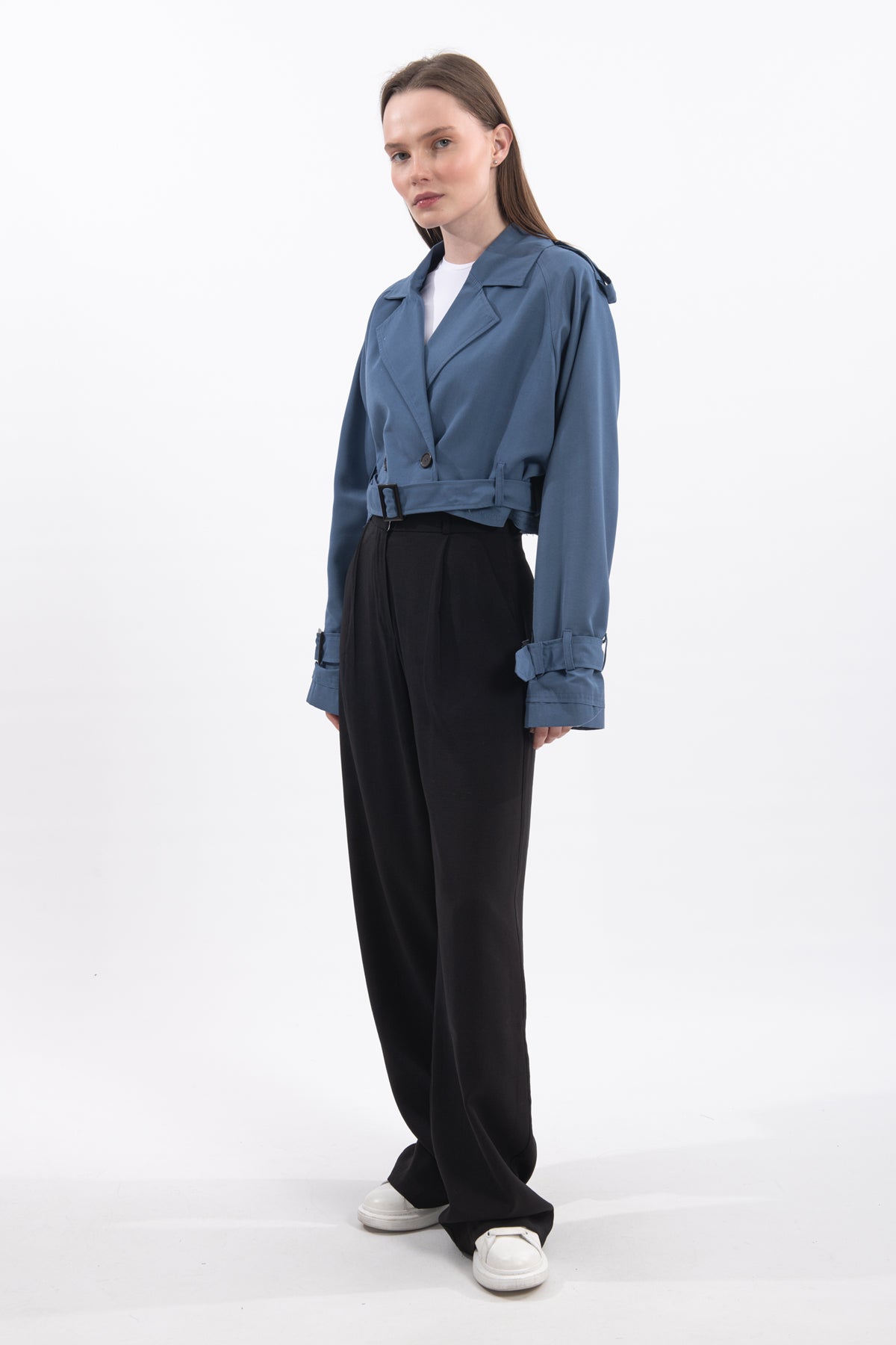 Oversize Kısa Kruvaze Kesim Kemerli Trençkot 7701 - Mavi