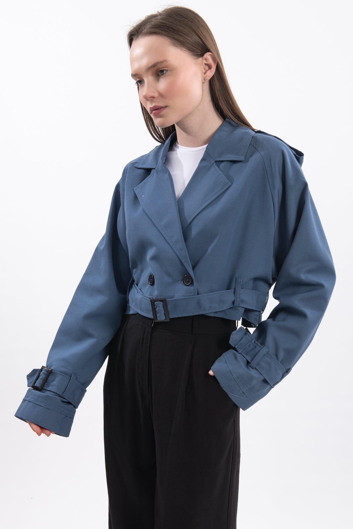 Oversize Kısa Kruvaze Kesim Kemerli Trençkot 7701 - Mavi