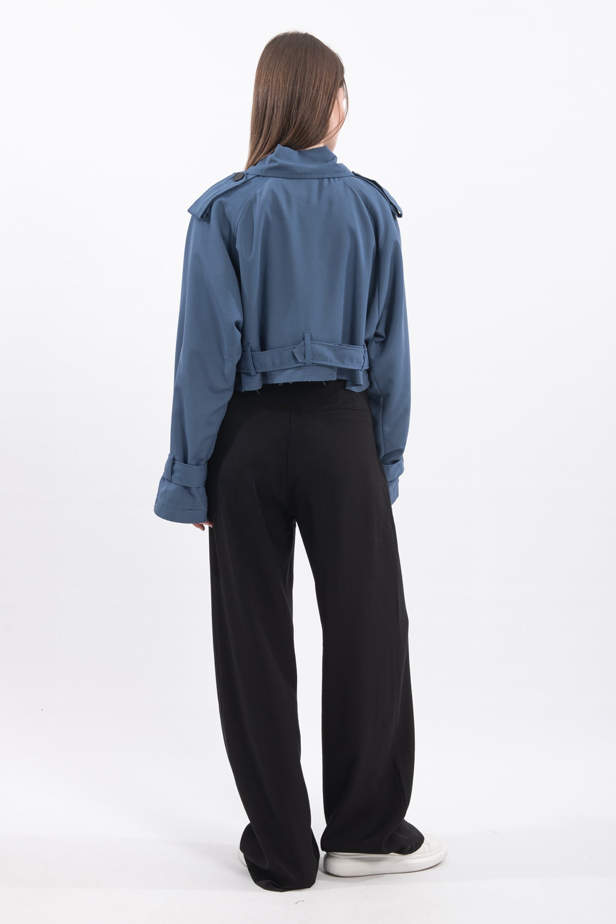 Oversize Kısa Kruvaze Kesim Kemerli Trençkot 7701 - Mavi