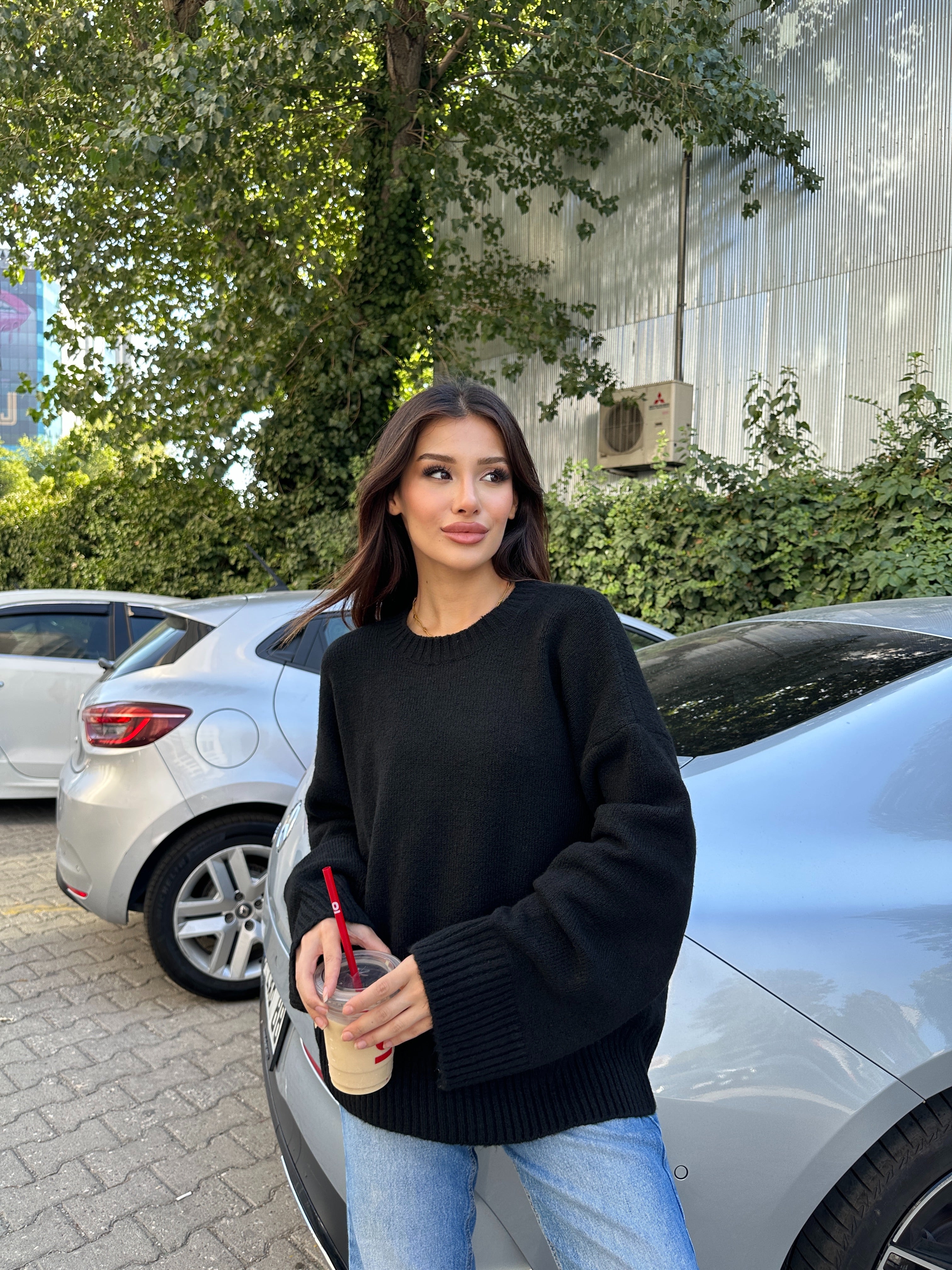Oversize Salaş Yumuşak Dokulu Şardonlu Triko Kazak 2623 - Siyah