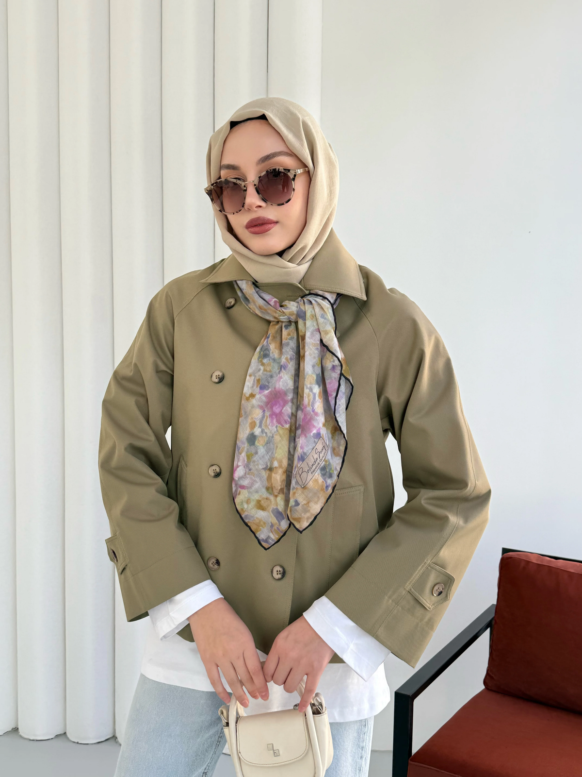 Kruvaze Yaka Kısa Trençkot 999001 - Soft Haki