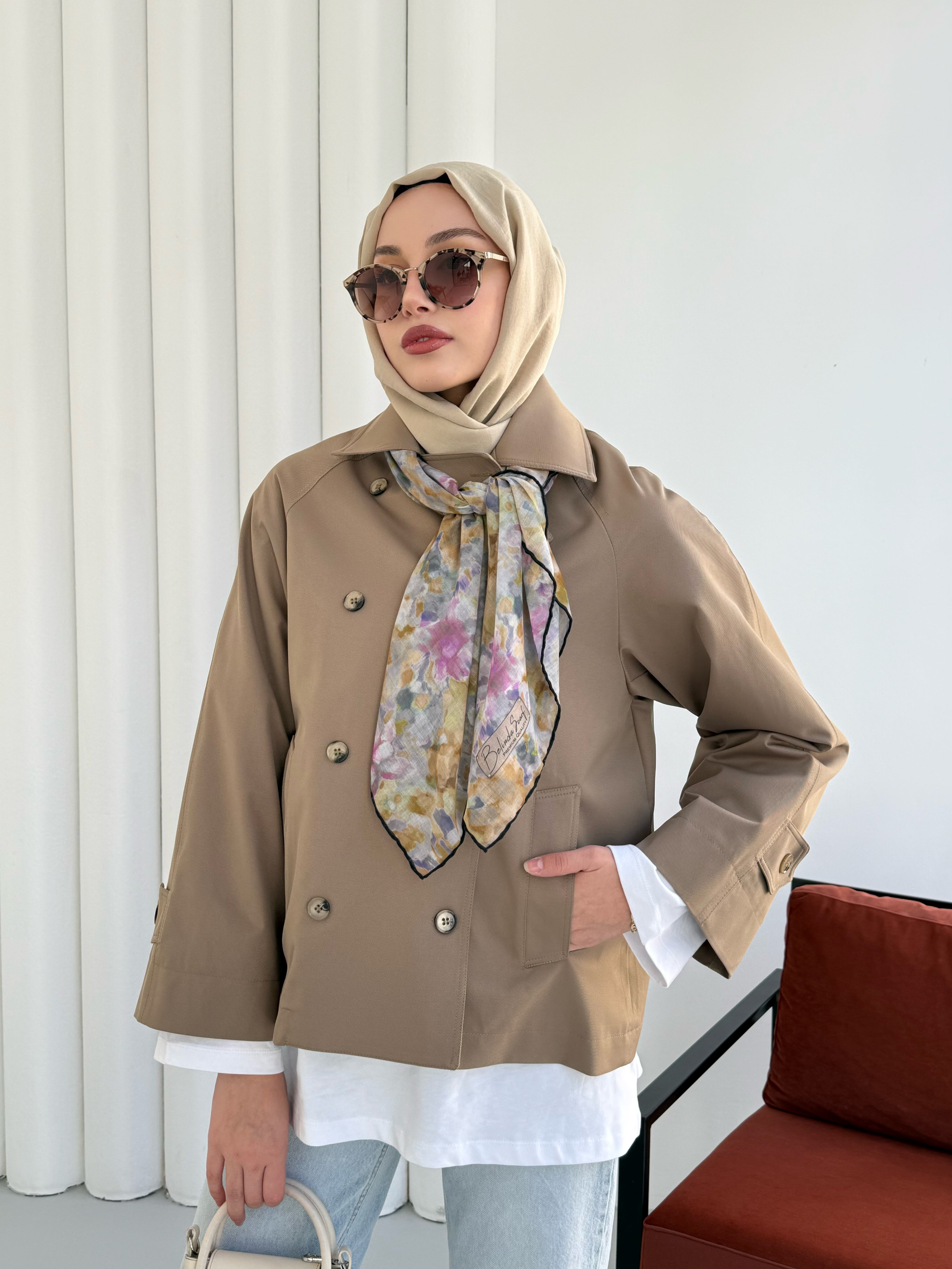 Kruvaze Yaka Kısa Trençkot 999001 - Soft Haki