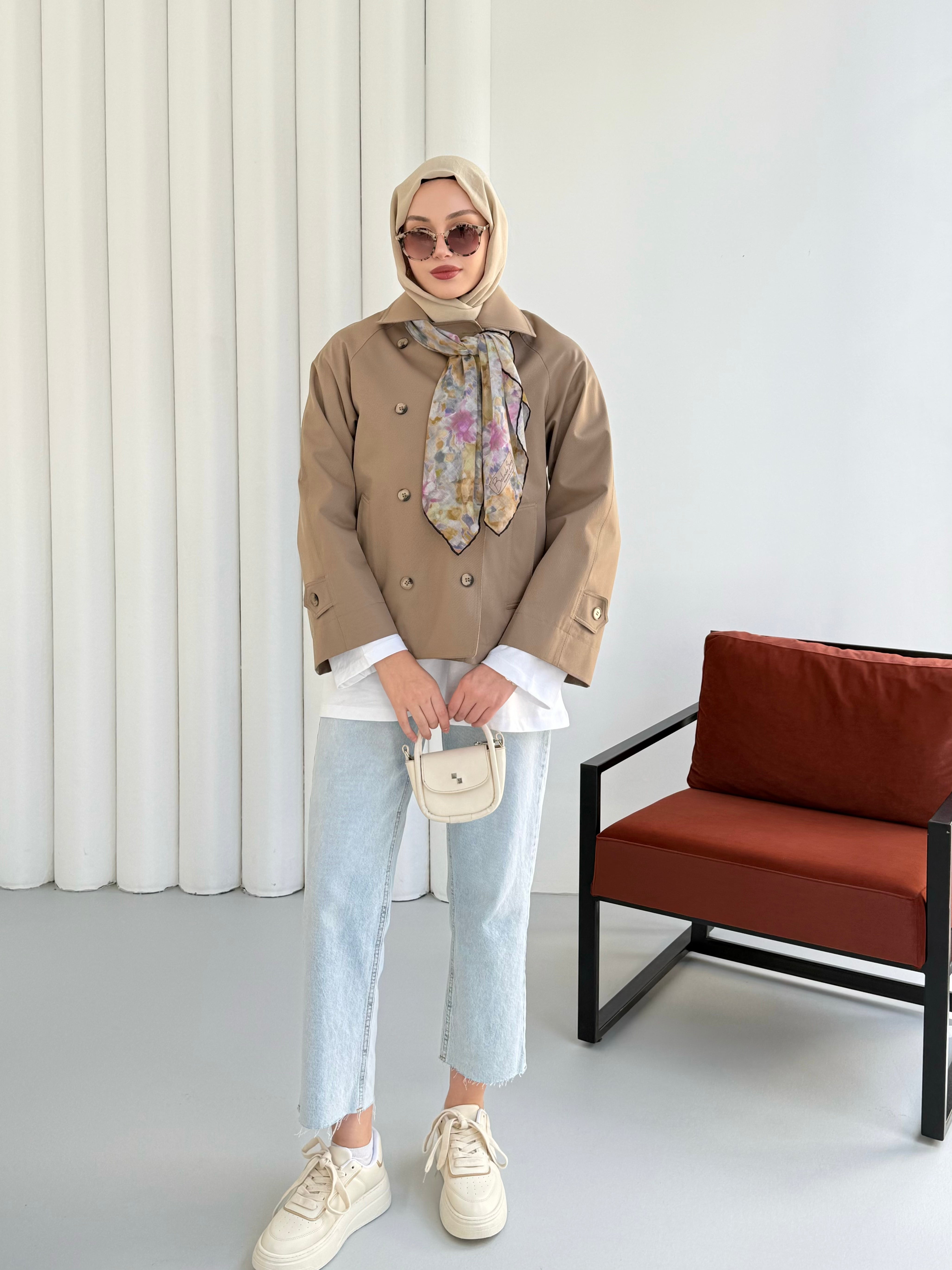 Kruvaze Yaka Kısa Trençkot 999001 - Soft Haki