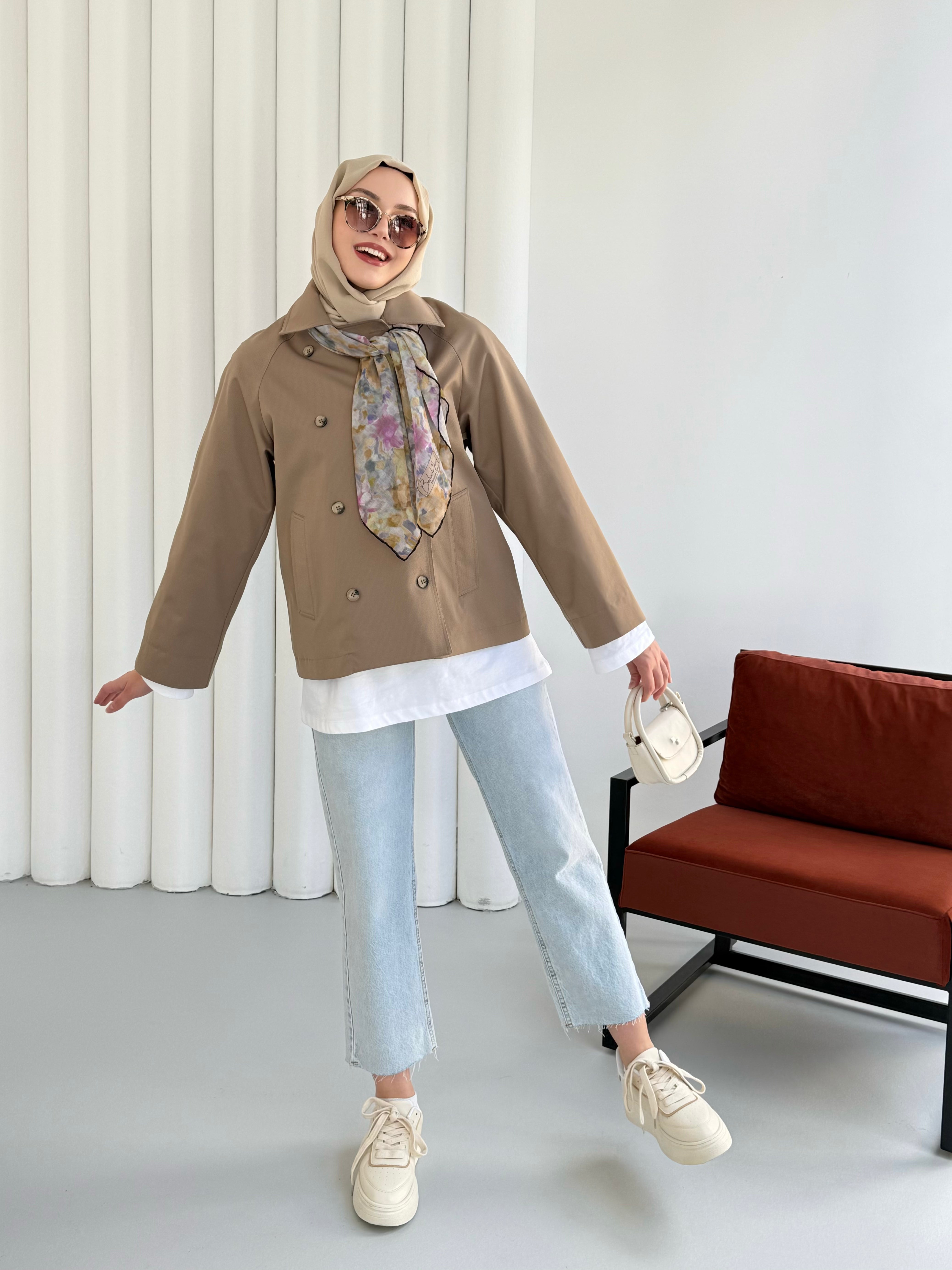 Kruvaze Yaka Kısa Trençkot 999001 - Soft Haki