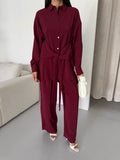 Rahat Kesim Bağlamalı Bol Paça Pantolonlu Takım 2508 - Bordo