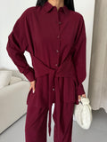 Rahat Kesim Bağlamalı Bol Paça Pantolonlu Takım 2508 - Bordo
