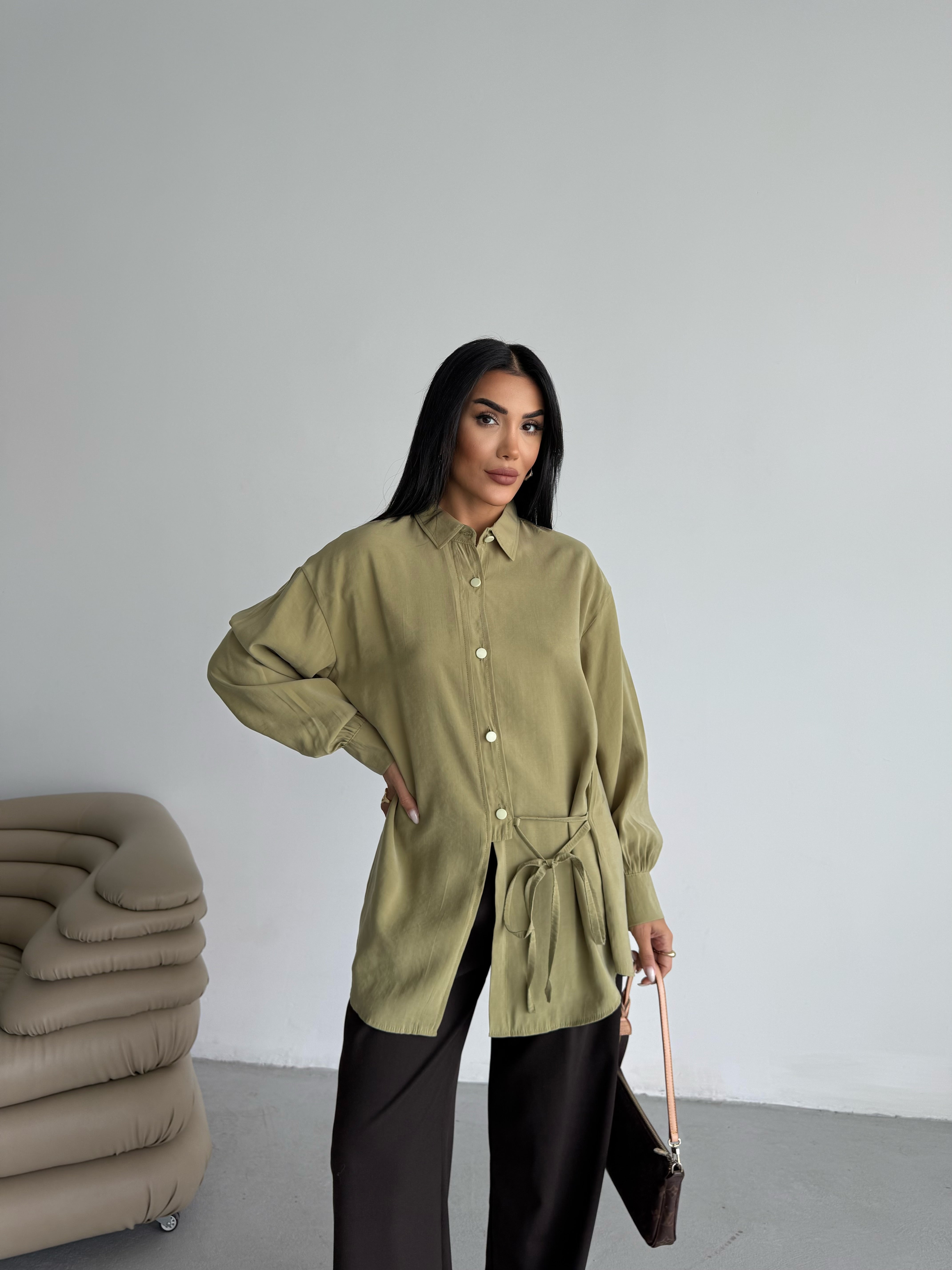 Yandan Bağlamalı Oversize Uzun Kollu Gömlek 2513 - Haki