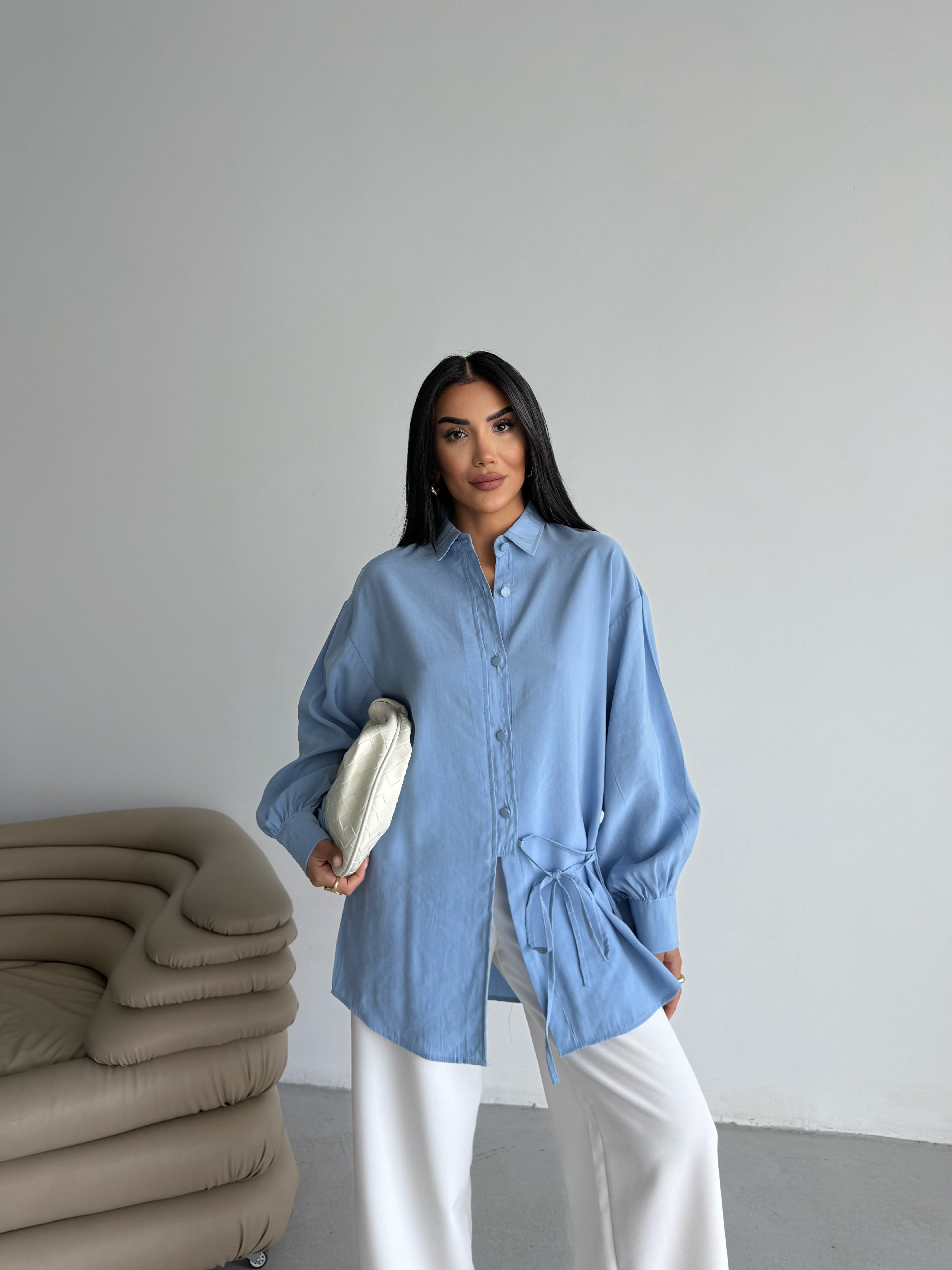 Yandan Bağlamalı Oversize Uzun Kollu Gömlek 2513 - Mavi