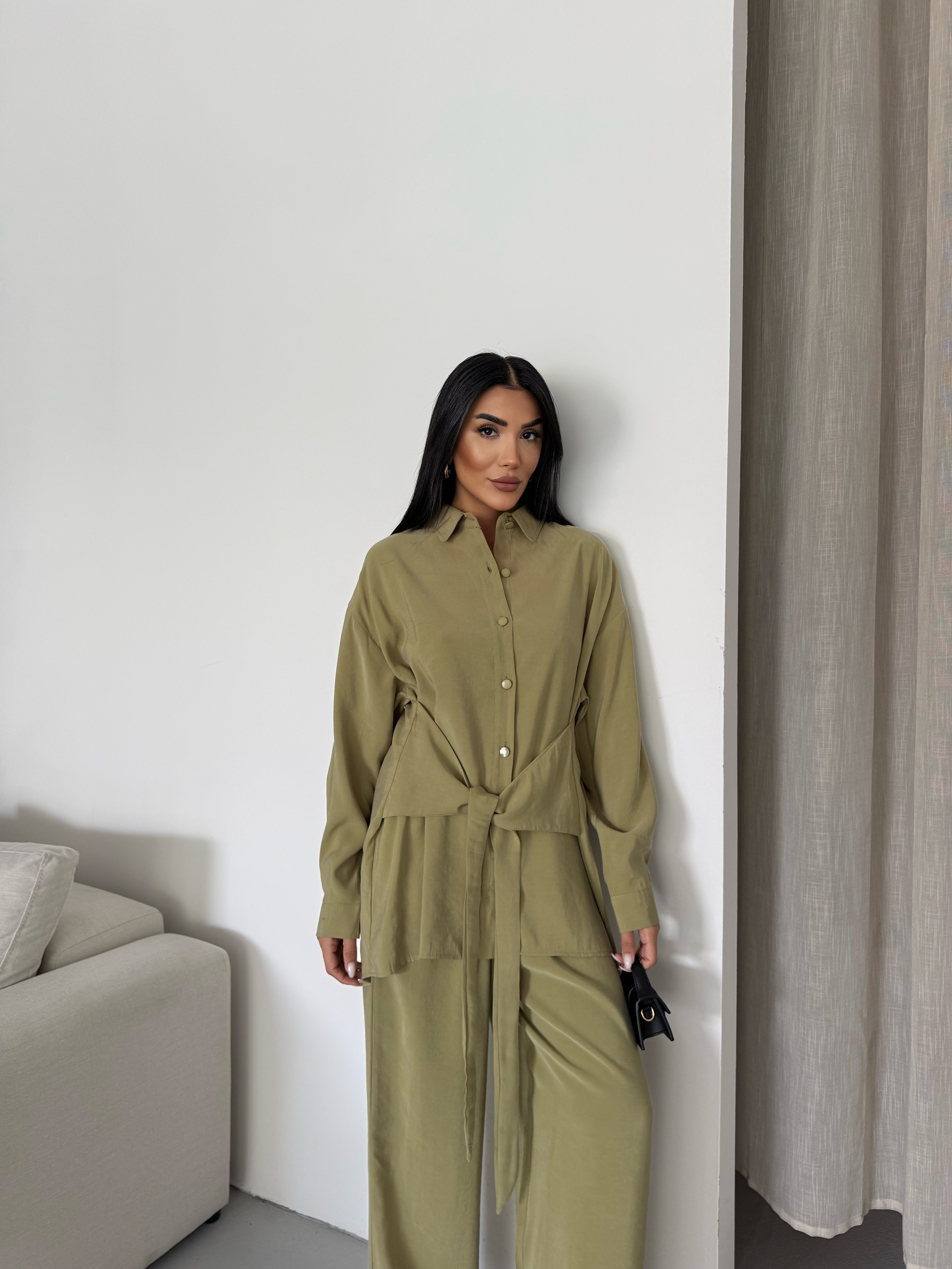 Rahat Kesim Bağlamalı Bol Paça Pantolonlu Takım 2508 - Haki