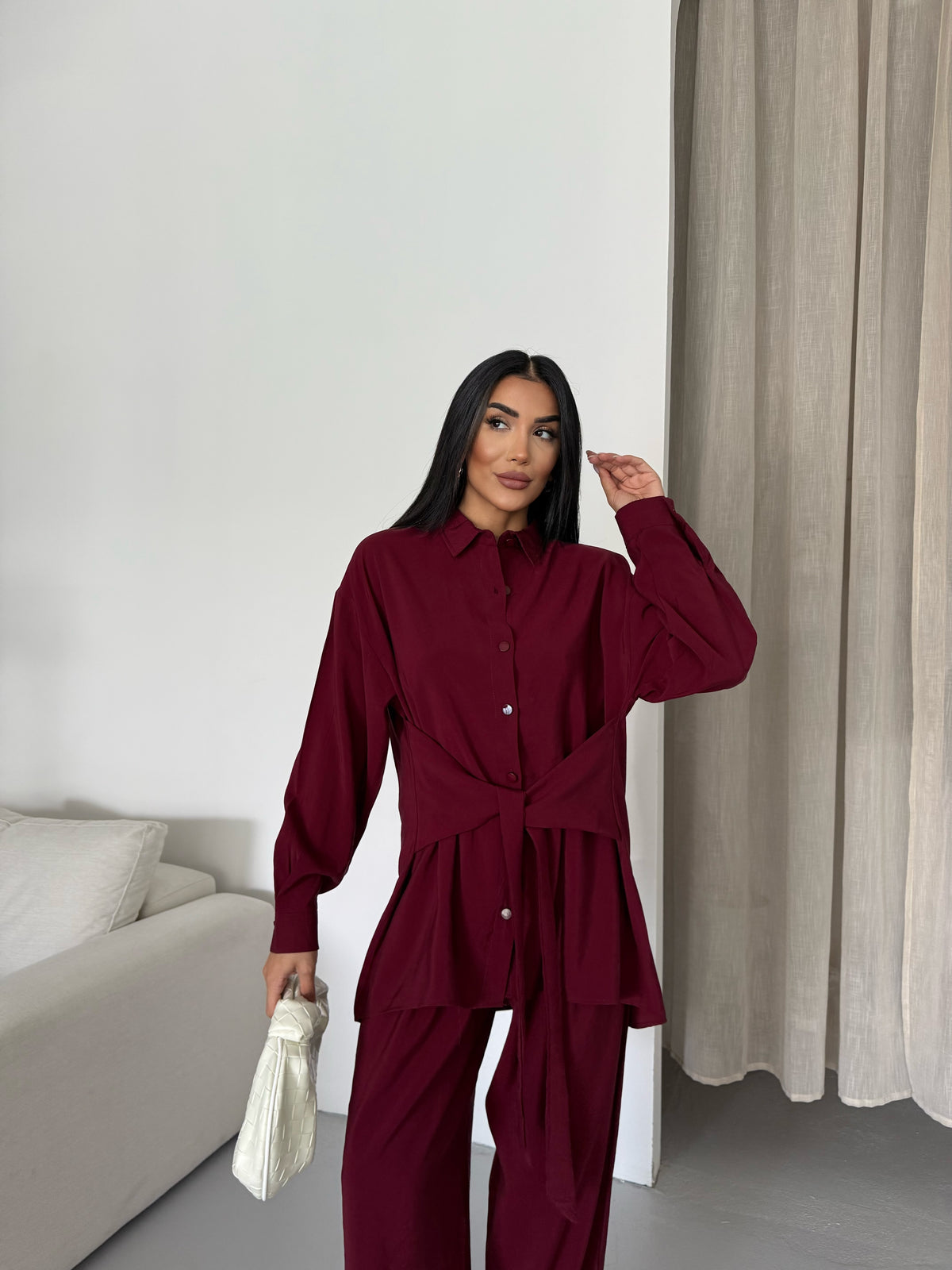 Rahat Kesim Bağlamalı Bol Paça Pantolonlu Takım 2508 - Bordo
