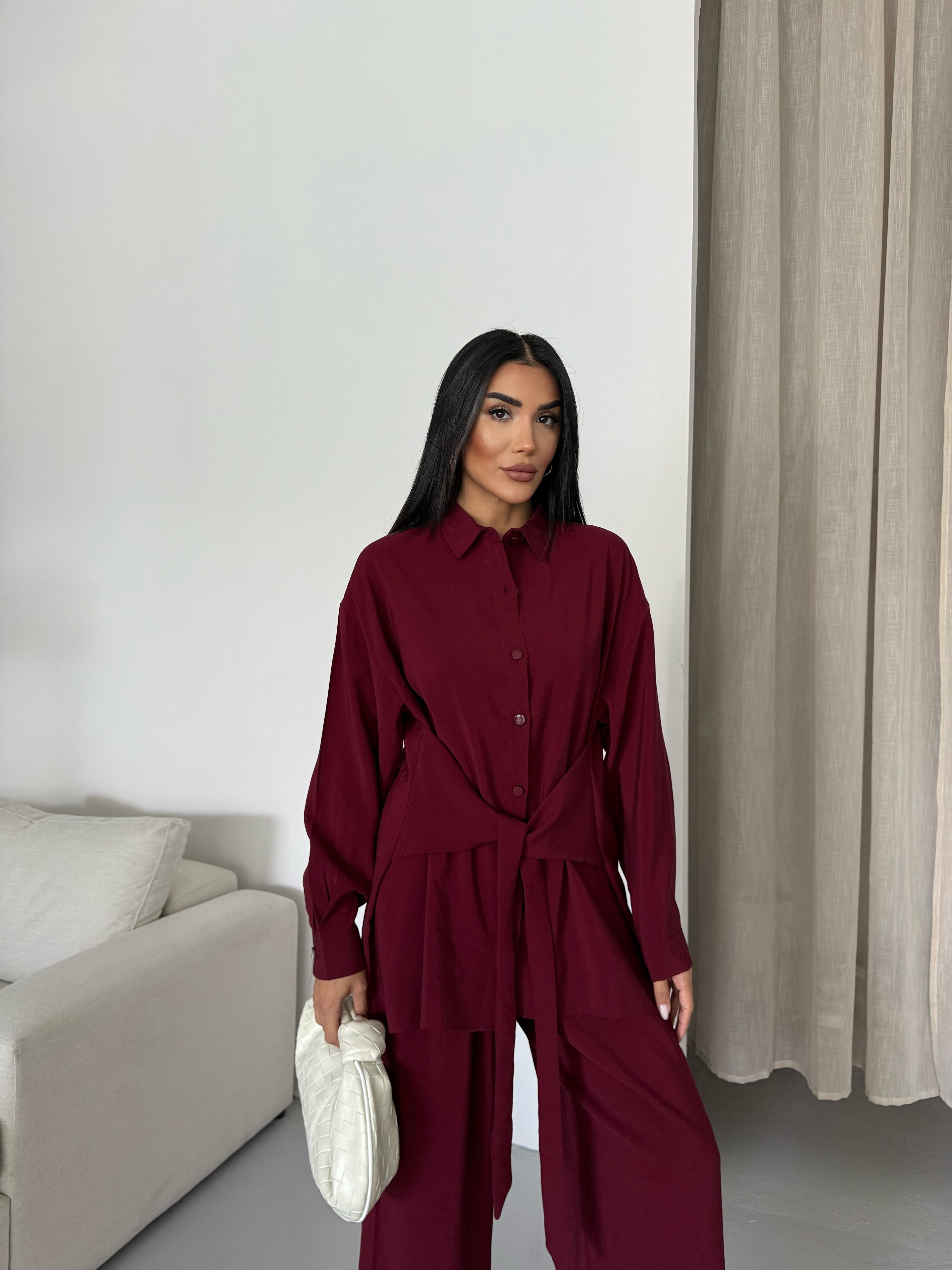 Rahat Kesim Bağlamalı Bol Paça Pantolonlu Takım 2508 - Bordo