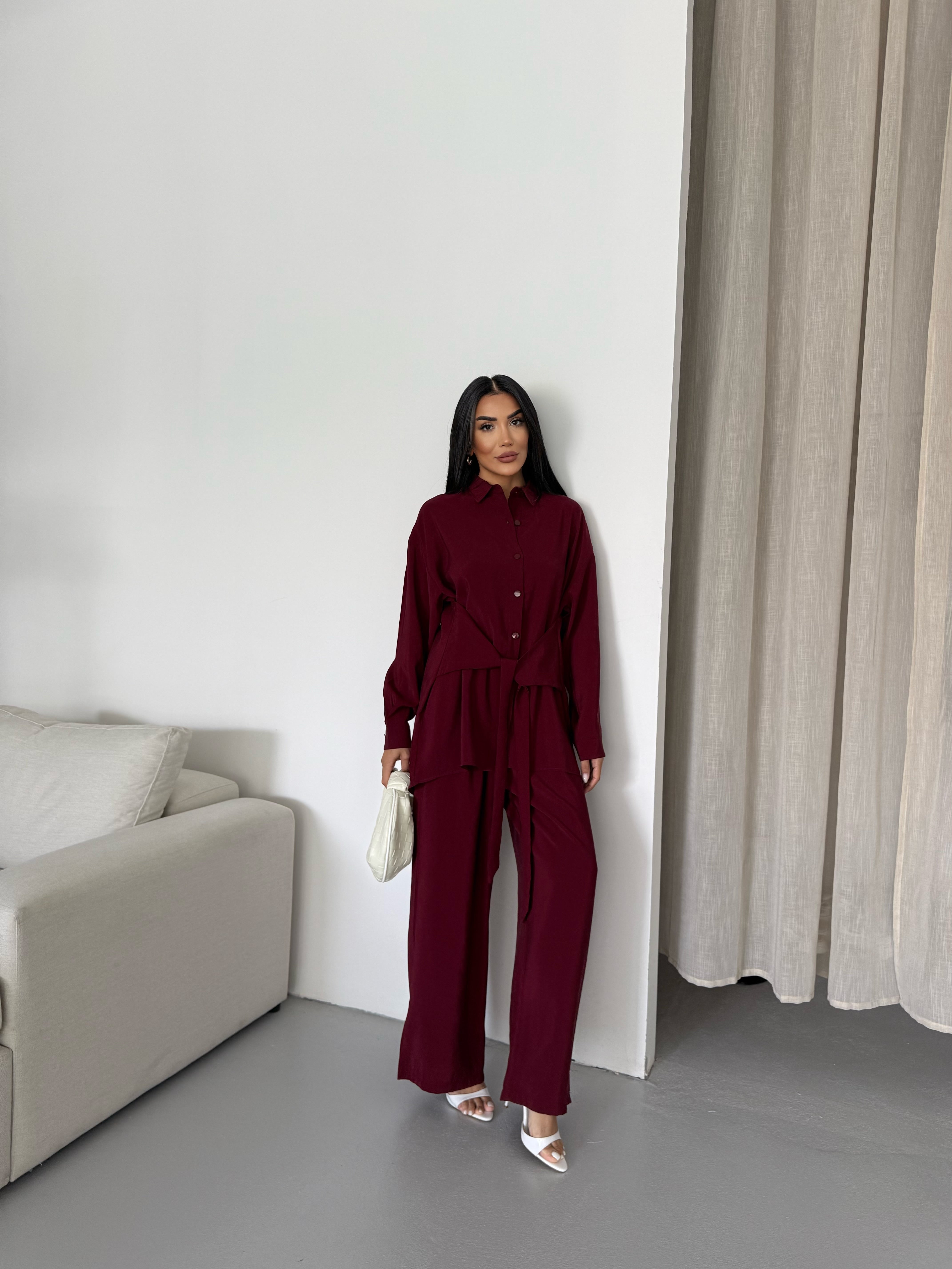 Rahat Kesim Bağlamalı Bol Paça Pantolonlu Takım 2508 - Bordo