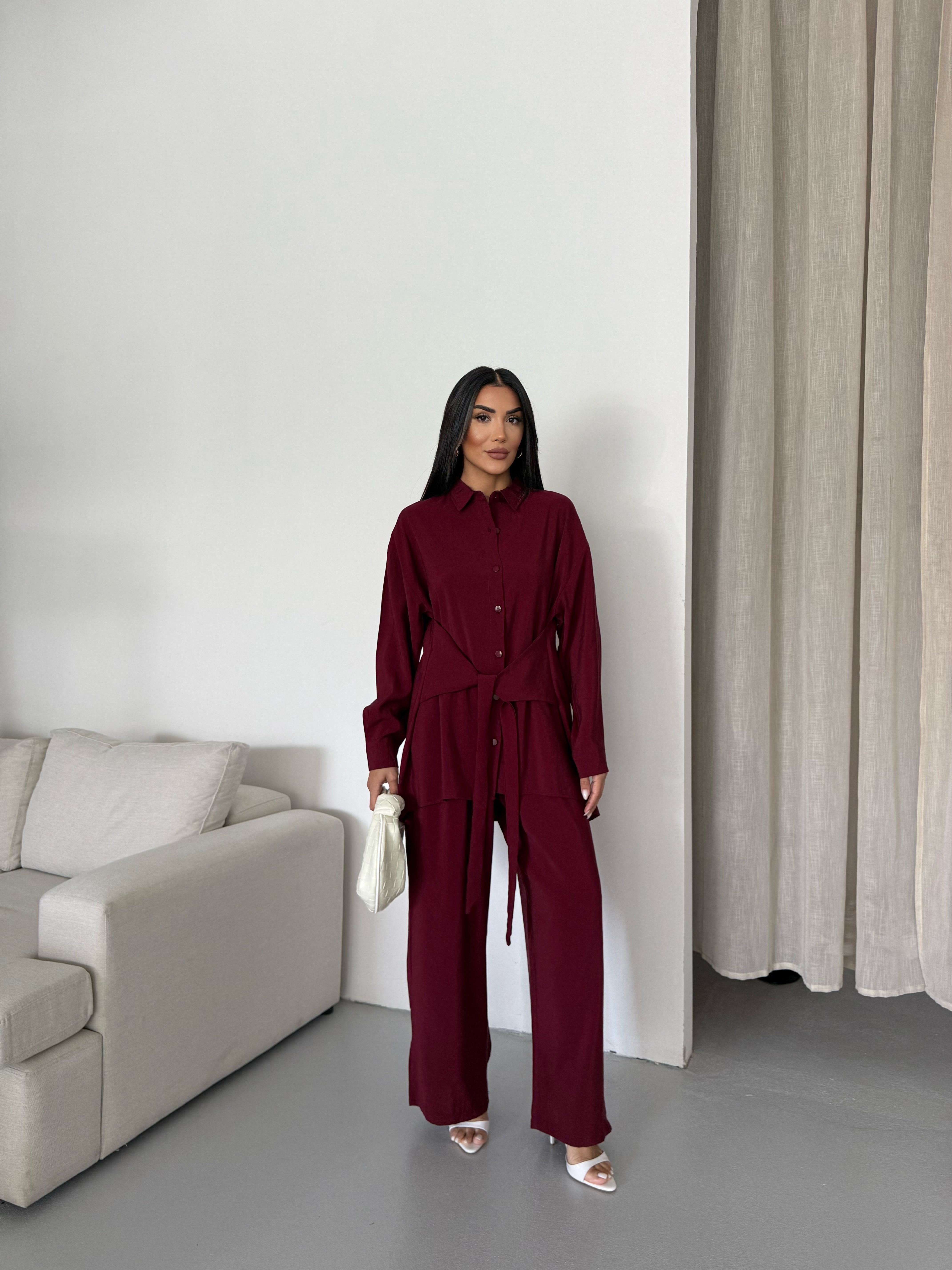 Rahat Kesim Bağlamalı Bol Paça Pantolonlu Takım 2508 - Bordo
