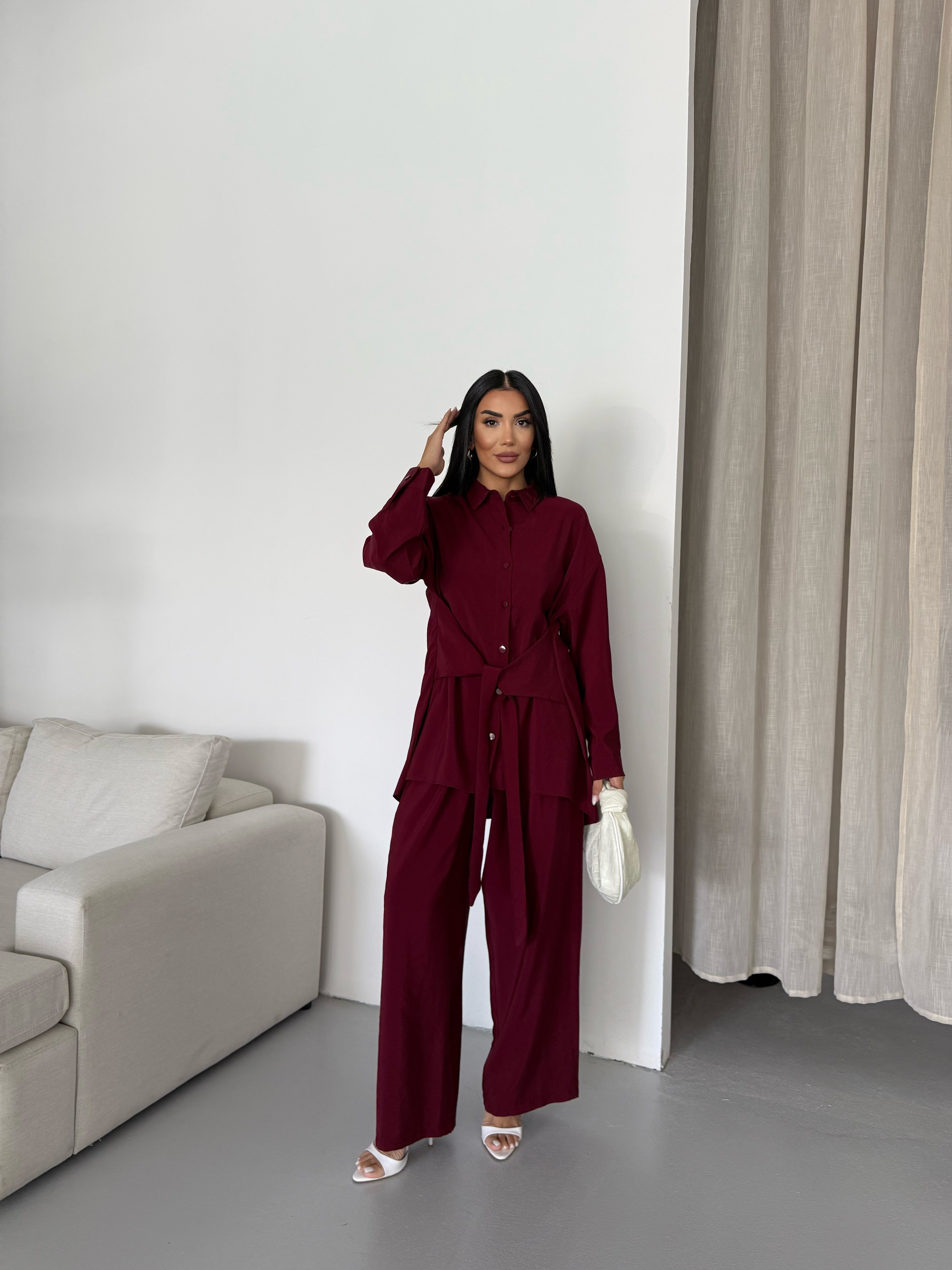 Rahat Kesim Bağlamalı Bol Paça Pantolonlu Takım 2508 - Bordo