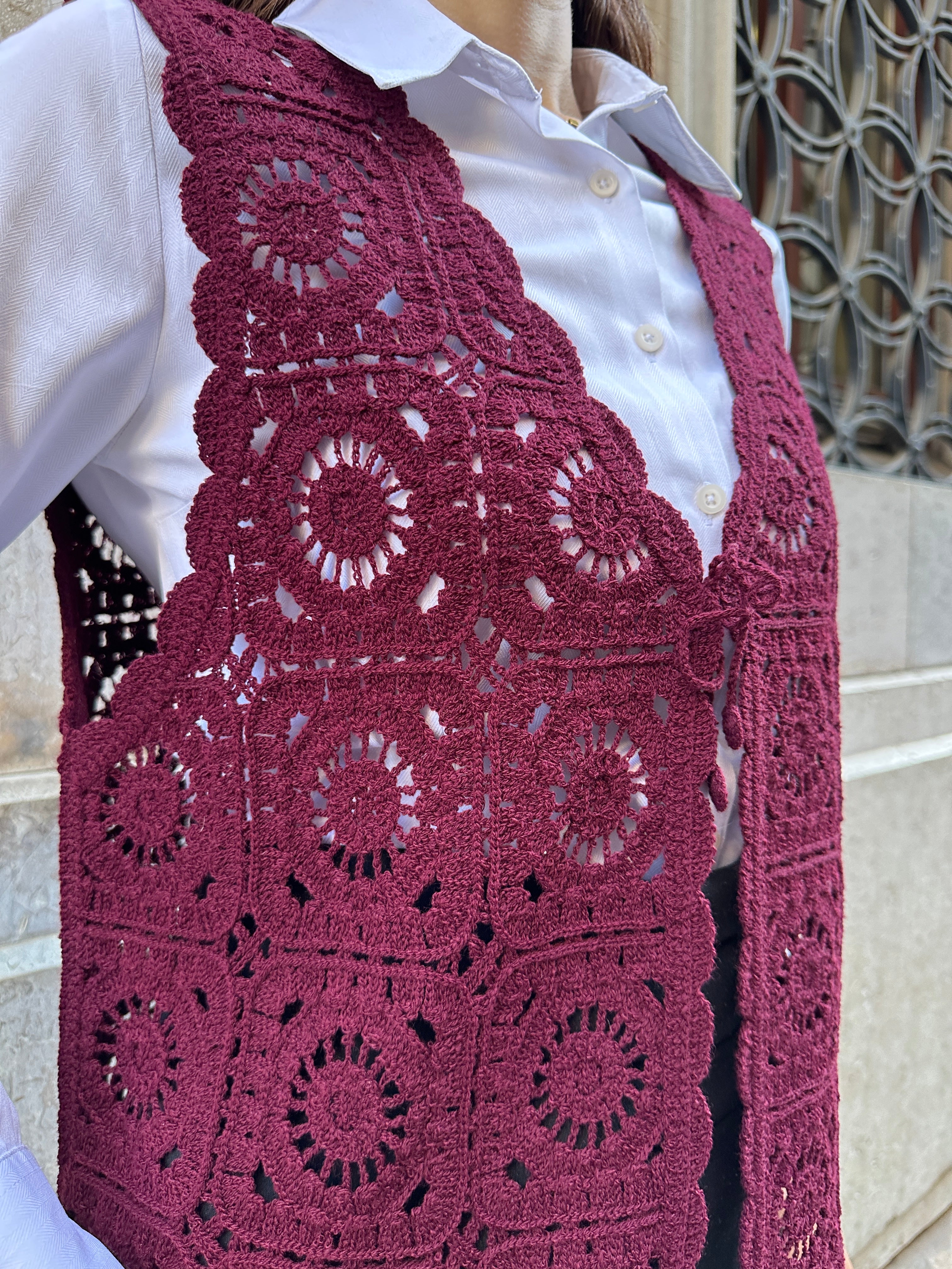 HatunAtila Çiçek Desenli Akrilik Süzene Yelek 5198 - Bordo