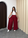 Pileli Arka Beli Lastikli Geniş Paça Filamlı Keten Palazzo Pantolon 8980 - Bordo
