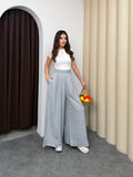 Pileli Arka Beli Lastikli Geniş Paça Filamlı Keten Palazzo Pantolon 8980 - Gri
