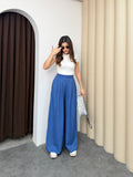 Pileli Arka Beli Lastikli Geniş Paça Filamlı Keten Palazzo Pantolon 8980 - Mavi