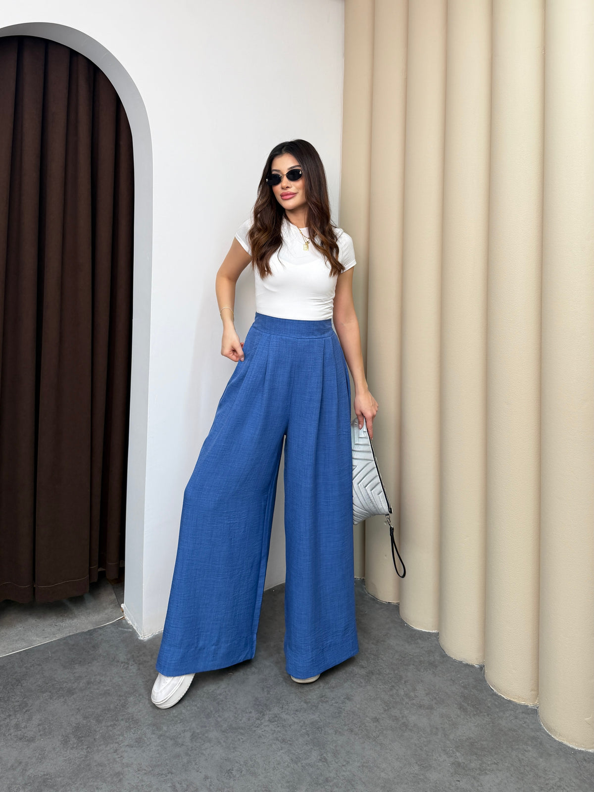 Pileli Arka Beli Lastikli Geniş Paça Filamlı Keten Palazzo Pantolon 8980 - Mavi