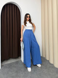 Pileli Arka Beli Lastikli Geniş Paça Filamlı Keten Palazzo Pantolon 8980 - Mavi