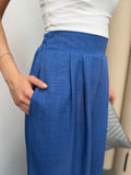 Pileli Arka Beli Lastikli Geniş Paça Filamlı Keten Palazzo Pantolon 8980 - Mavi