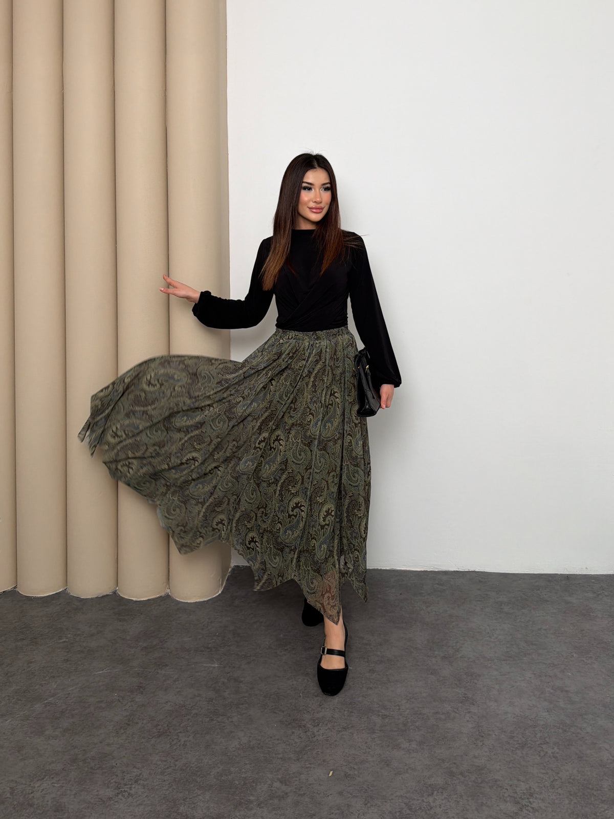 Kadın Şal Desenli Yüksek Bel Lastikli Şifon Maxi Boy Uzun Etek 5286 - Yeşil