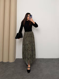 Kadın Şal Desenli Yüksek Bel Lastikli Şifon Maxi Boy Uzun Etek 5286 - Yeşil