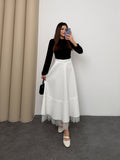 Kadın Tül Detaylı Beli Lastikli Kloş Uzun Etek 5281 - Beyaz