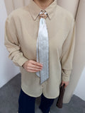 Yaka Aksesuarlı ve Fular Detaylı Dokulu Gömlek 9003 - Bej