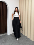 Pileli Arka Beli Lastikli Geniş Paça Filamlı Keten Palazzo Pantolon 8980 - Siyah
