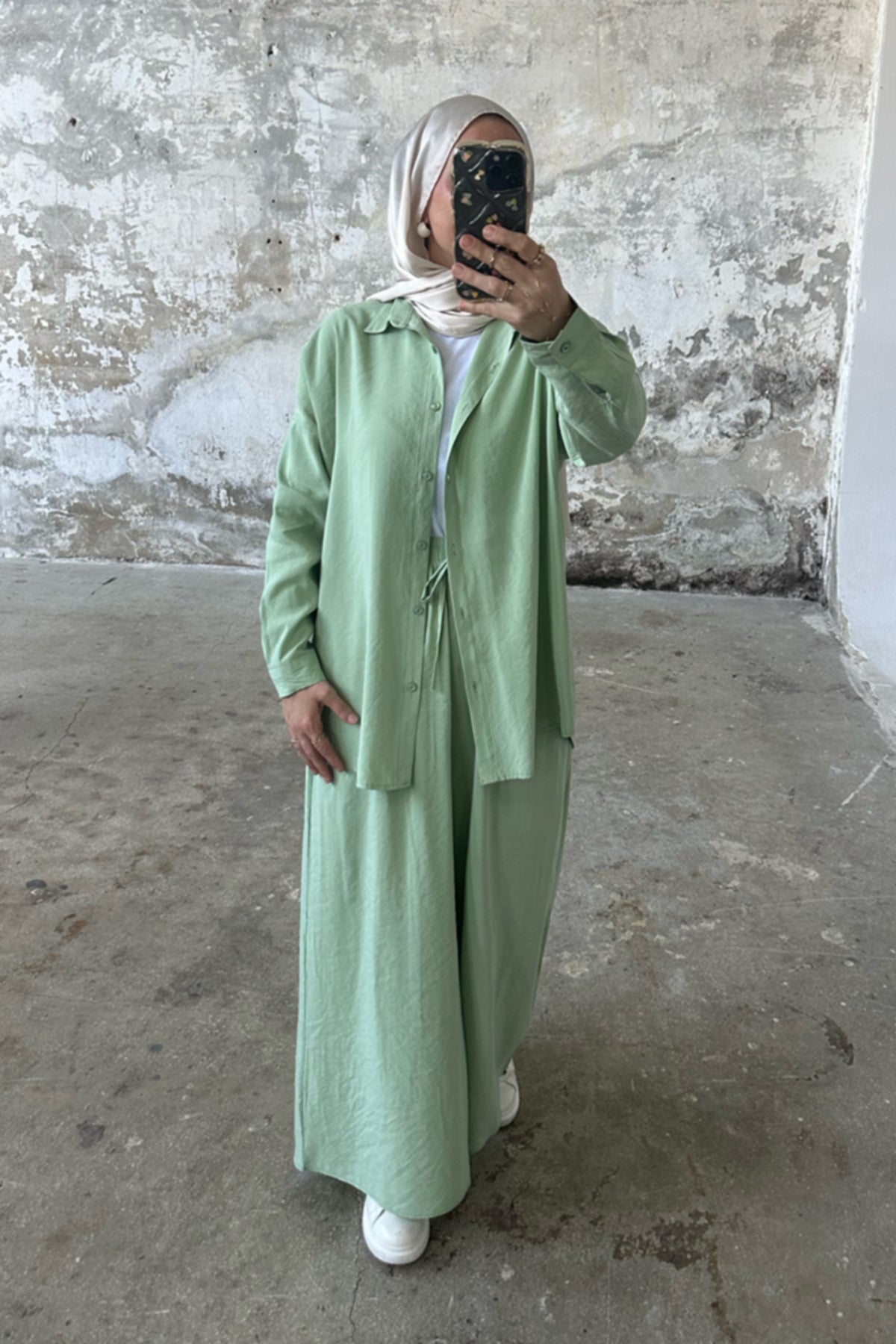 Hatun Atila Modal Kumaş Gömlekli İkili Takım 5203 - Su Yeşili
