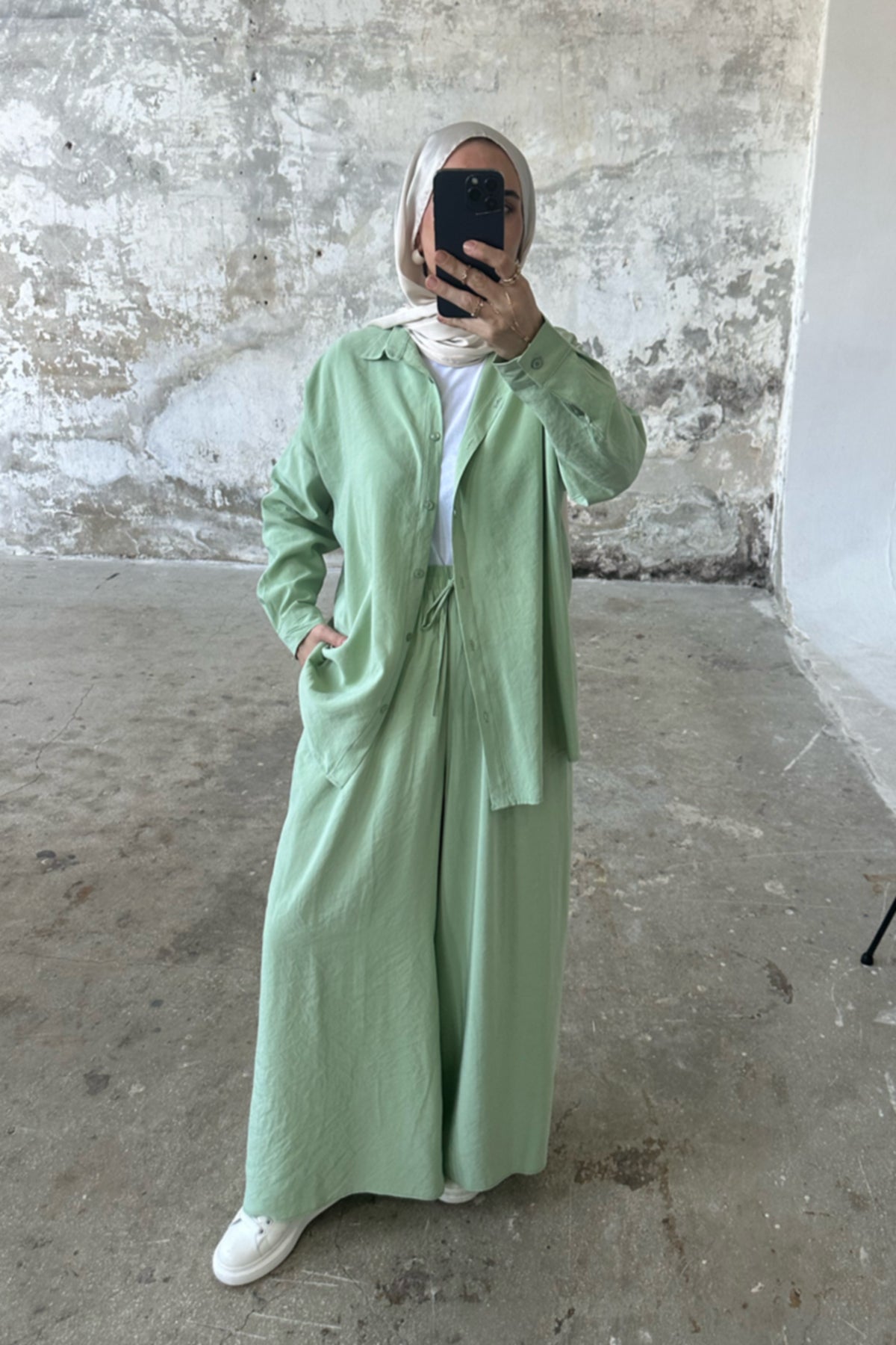 Hatun Atila Modal Kumaş Gömlekli İkili Takım 5203 - Su Yeşili