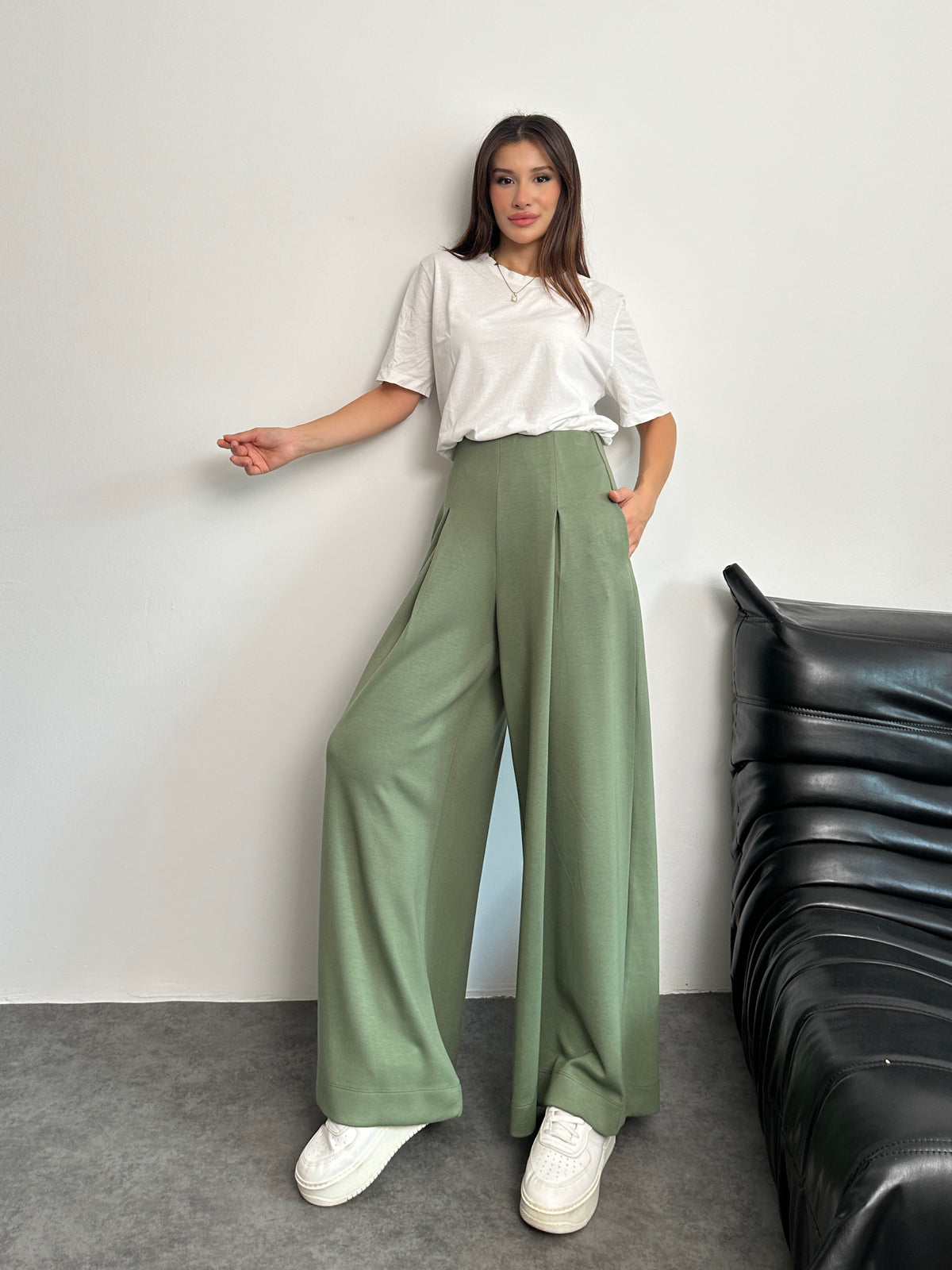 Yüksek Bel Pile Detaylı Geniş Paça Oysho Pantolon 8909 - Yeşil