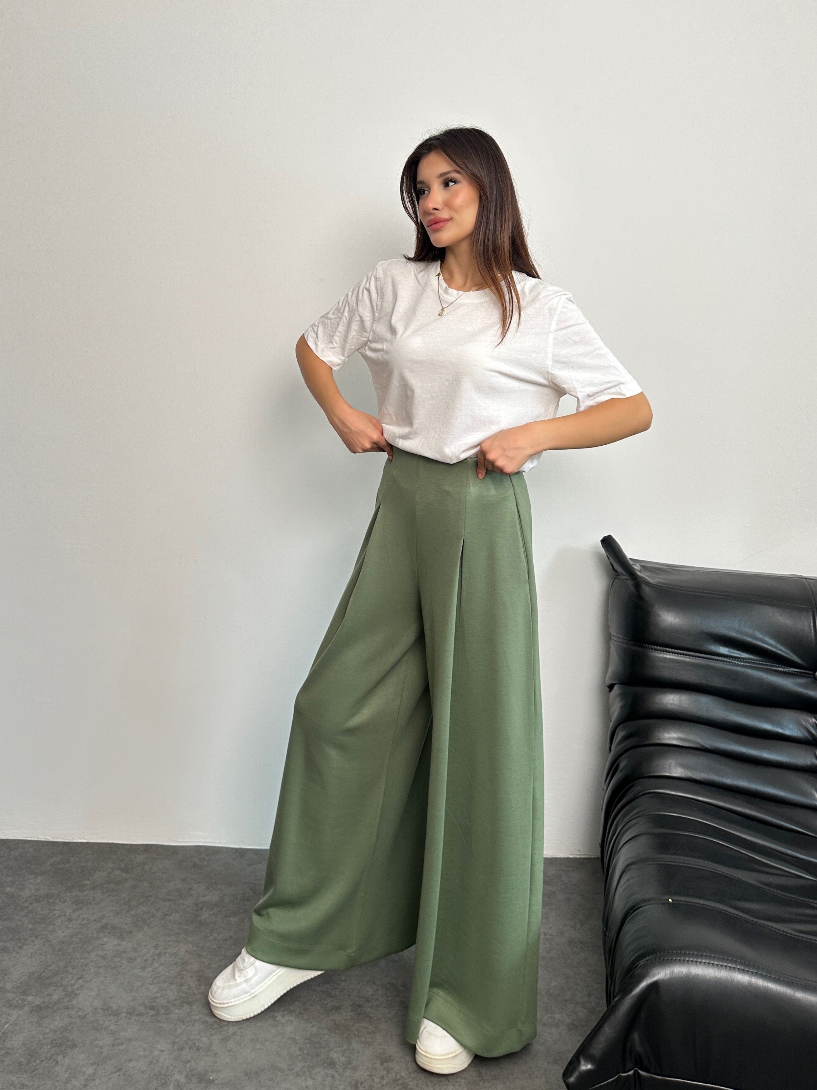 Yüksek Bel Pile Detaylı Geniş Paça Oysho Pantolon 8909 - Yeşil