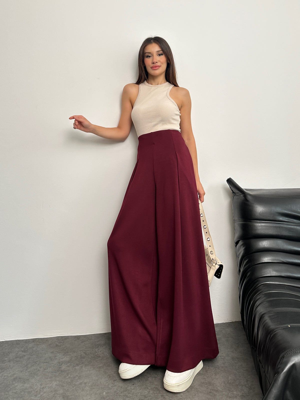 Yüksek Bel Pile Detaylı Geniş Paça Oysho Pantolon 8909 - Bordo