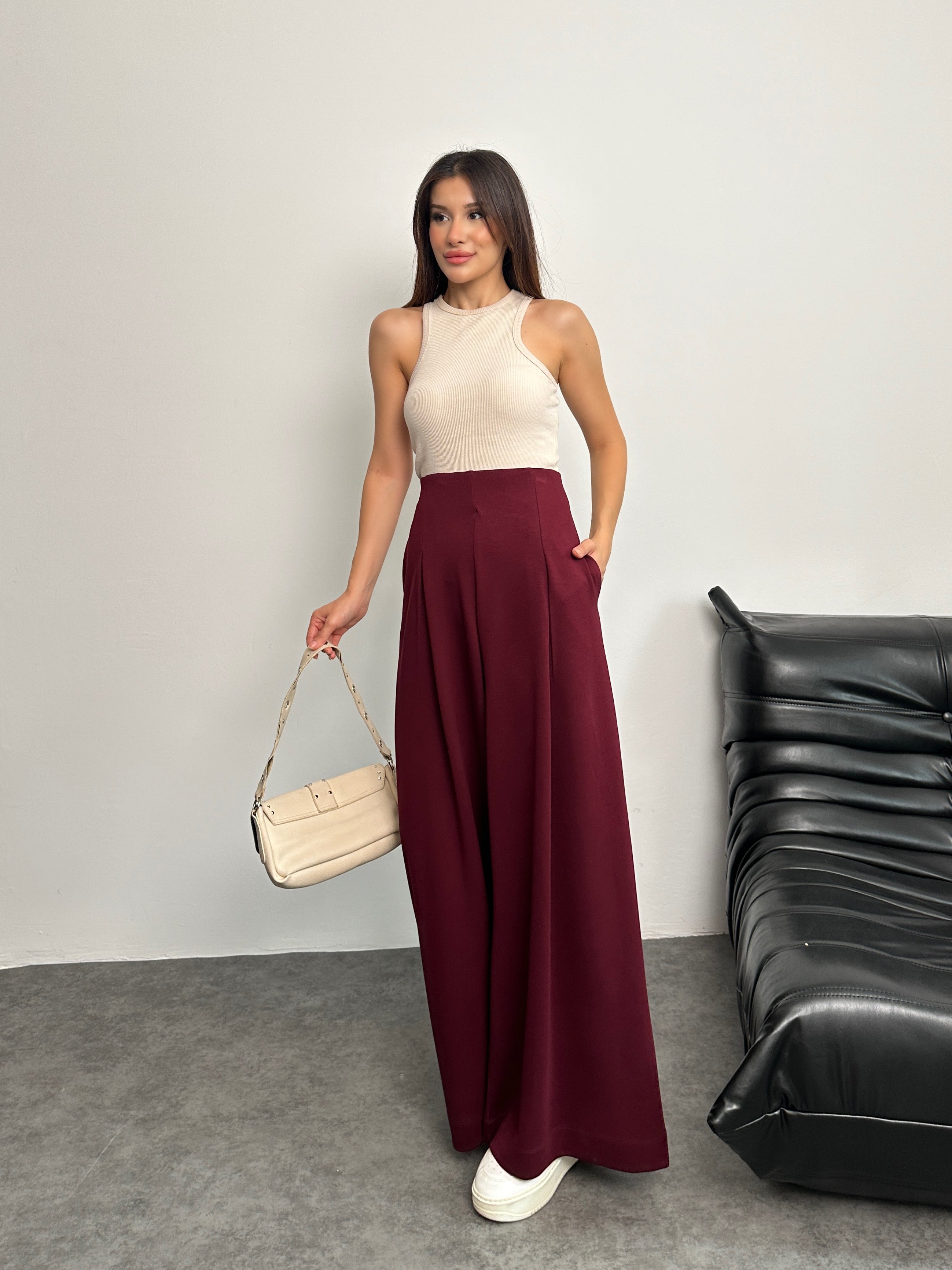 Yüksek Bel Pile Detaylı Geniş Paça Oysho Pantolon 8909 - Bordo