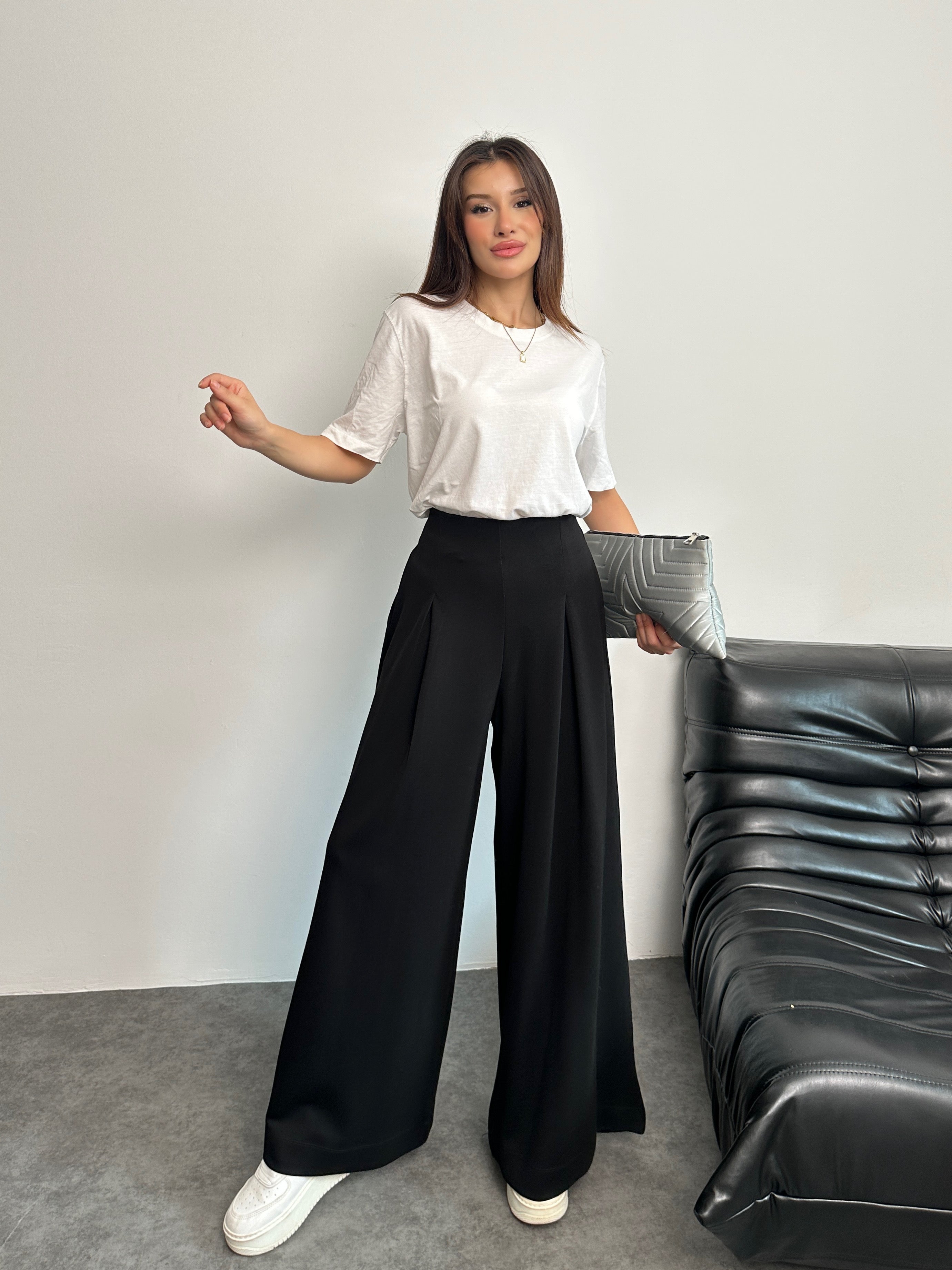 Yüksek Bel Pile Detaylı Geniş Paça Oysho Pantolon 8909 - Siyah