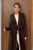  Kuşaklı Yumuşak Peluş Dokulu Şardonlu Uzun Maxi Hırka 15206 - Kahverengi