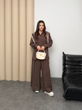 Oversize Gömlekli Geniş Paça Pantolonlu Rahat Kesim Basic Modal Kumaş İkili Takım 8974 - Kahverengi