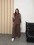 Oversize Gömlekli Geniş Paça Pantolonlu Rahat Kesim Basic Modal Kumaş İkili Takım 8974 - Kahverengi