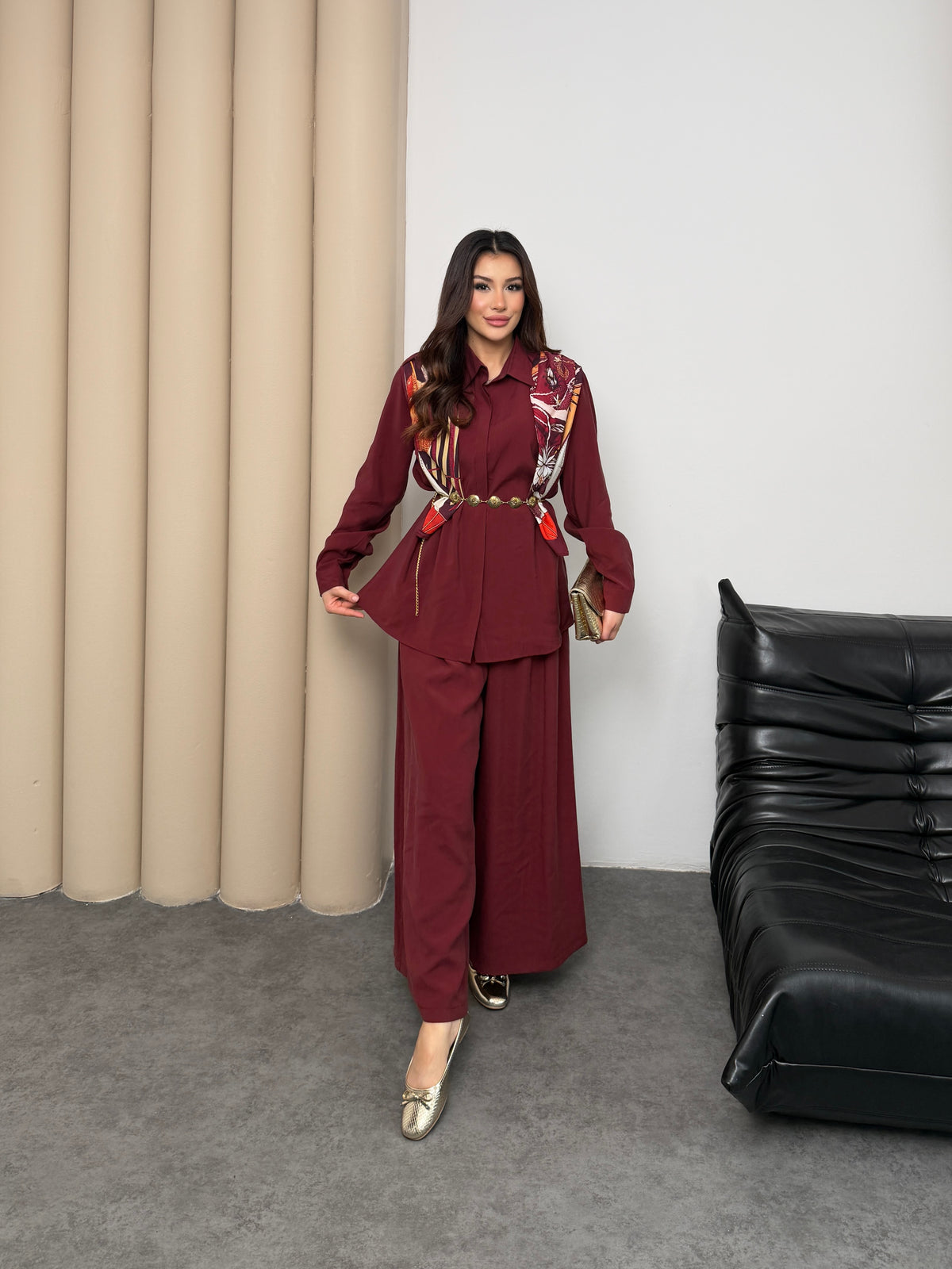 Oversize Gömlekli Geniş Paça Pantolonlu Rahat Kesim Basic Modal Kumaş İkili Takım 8974 - Bordo