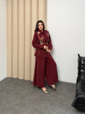Oversize Gömlekli Geniş Paça Pantolonlu Rahat Kesim Basic Modal Kumaş İkili Takım 8974 - Bordo