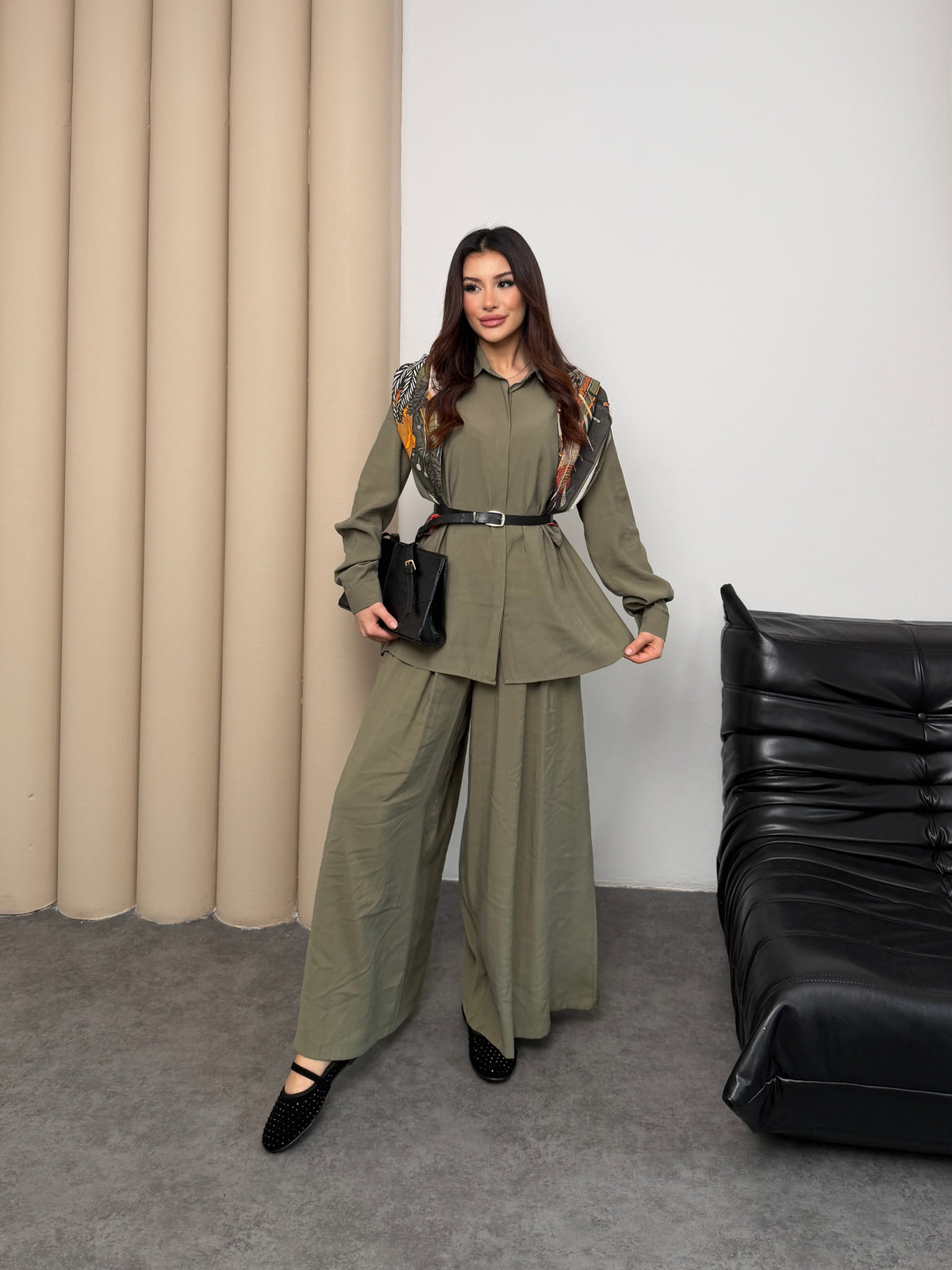 Oversize Gömlekli Geniş Paça Pantolonlu Rahat Kesim Basic Modal Kumaş İkili Takım 8974 - Haki