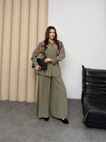 Oversize Gömlekli Geniş Paça Pantolonlu Rahat Kesim Basic Modal Kumaş İkili Takım 8974 - Haki