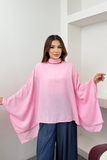 Kadın Fularlı Yaka Asimetrik Yarasa Kol Salaş Panço Bluz 6019 - Pembe