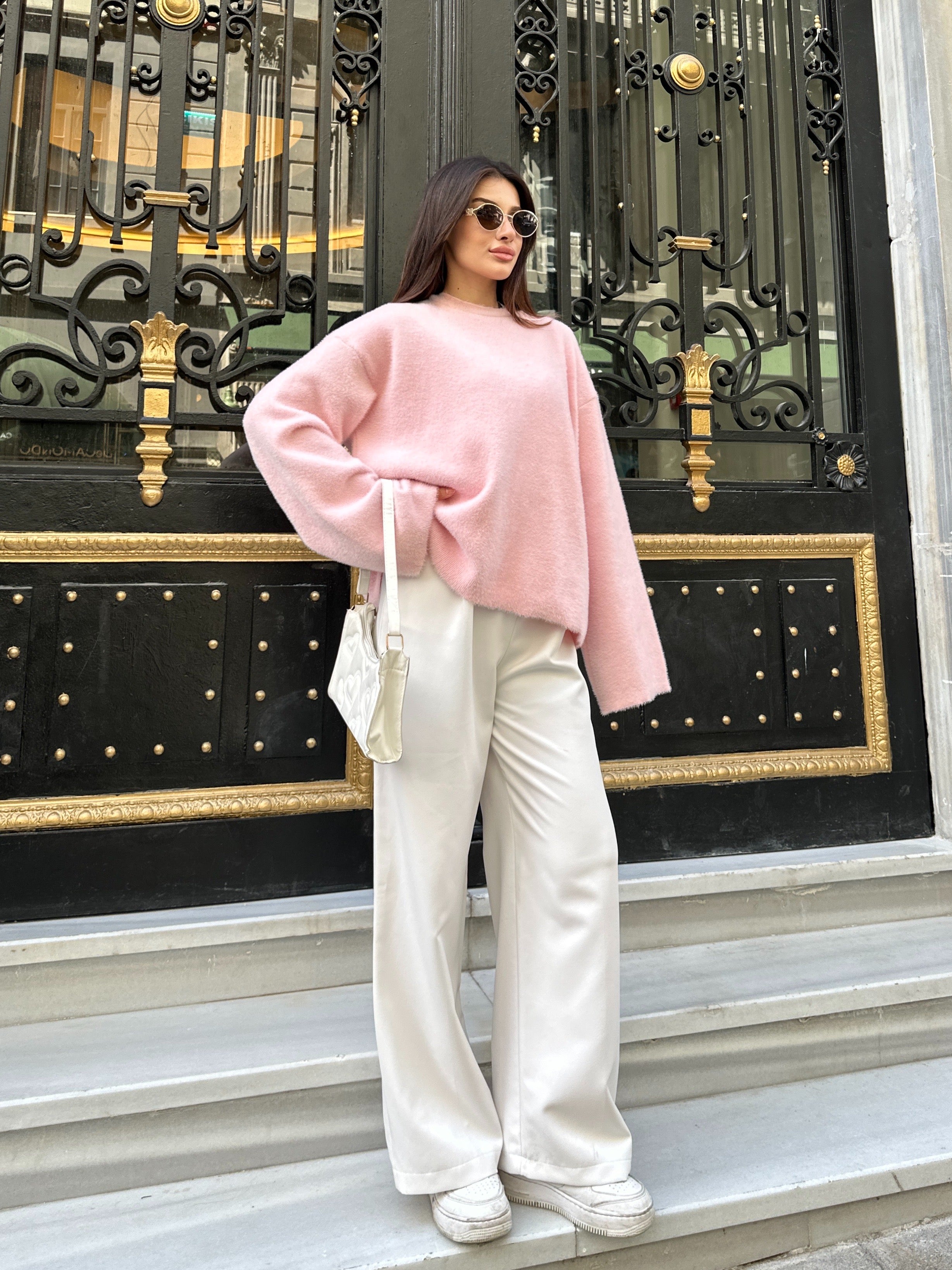 Oversize Bisiklet Yaka Yumuşak Dokulu Şardonlu Triko Kazak 2618 - Pembe
