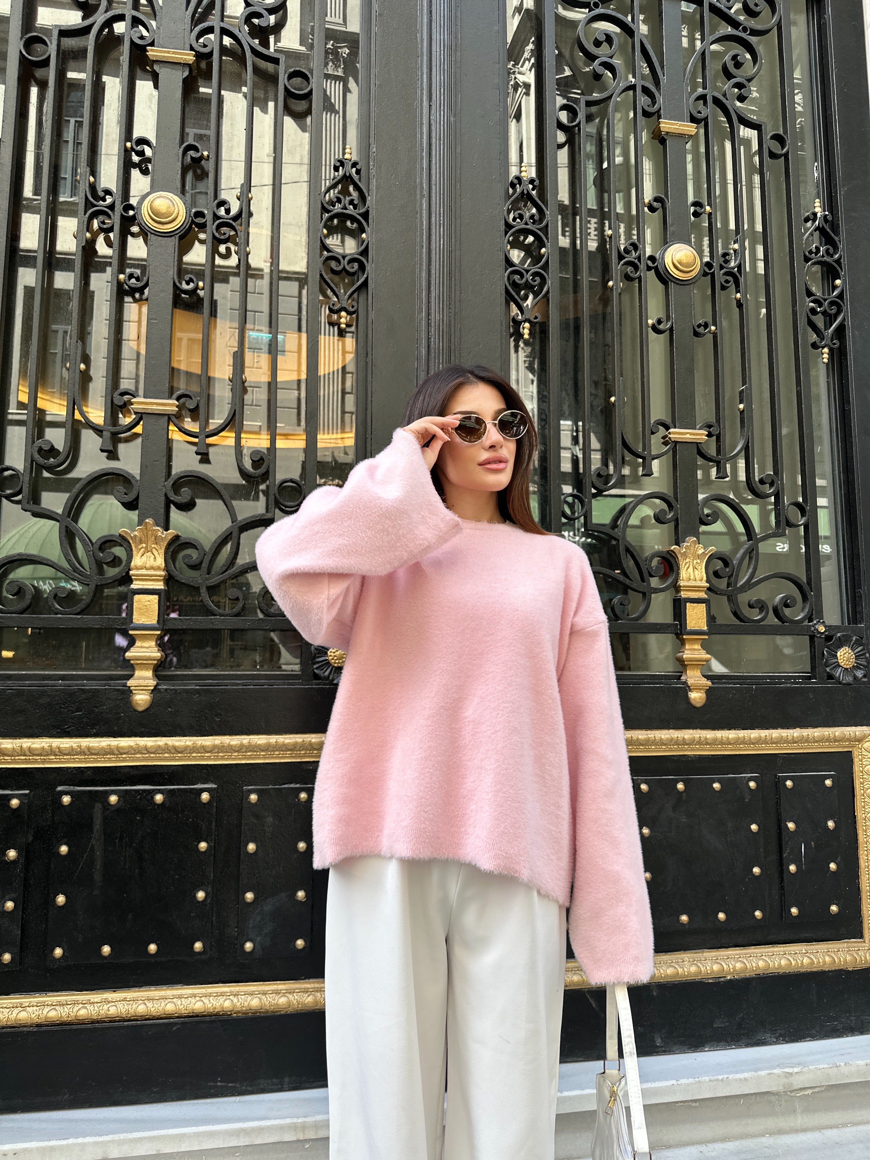 Oversize Bisiklet Yaka Yumuşak Dokulu Şardonlu Triko Kazak 2618 - Pembe