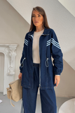 Kadın Çizgili Şeritli Beli Büzgülü Denim Ceket Pantolon İkili Takım 9154 - Lacivert