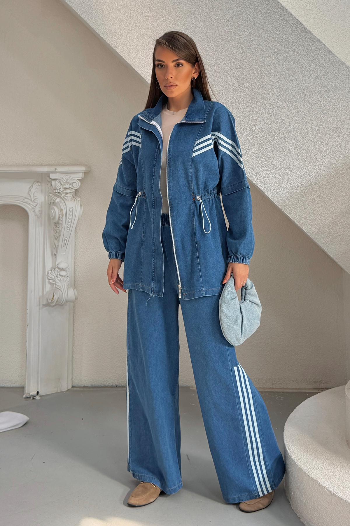 Kadın Çizgili Şeritli Beli Büzgülü Denim Ceket Pantolon İkili Takım 9154 - Mavi